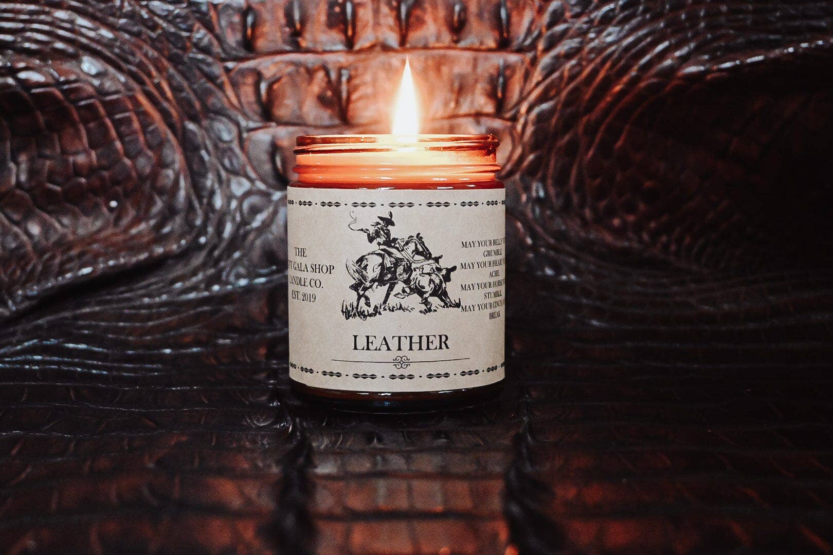 “Leather” Western Soy Candles | Amber Rustic Soy Candle: 8 oz