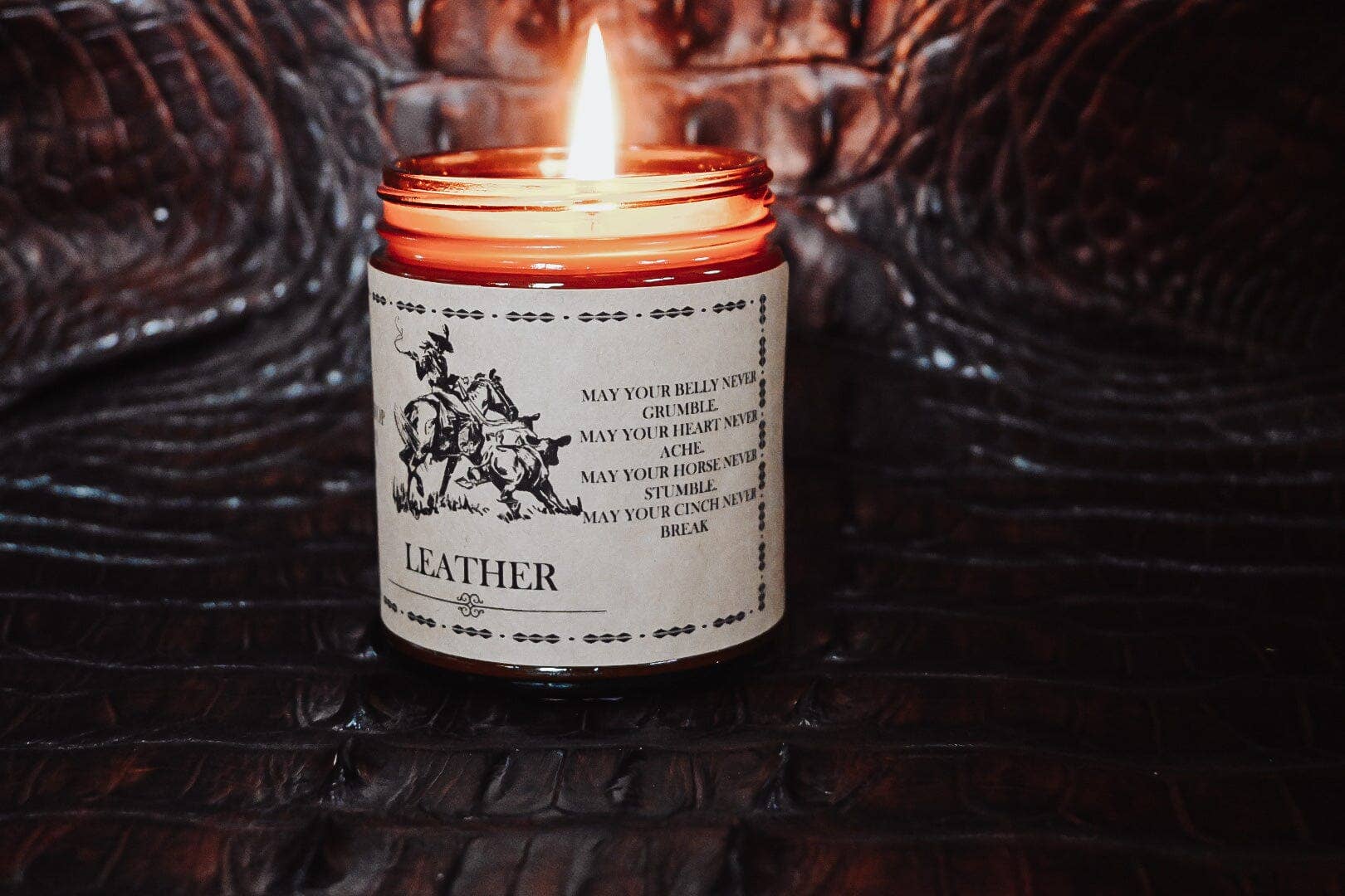 “Leather” Western Soy Candles | Amber Rustic Soy Candle: 8 oz